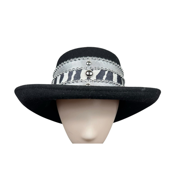 Black western Style Felt Hat With Silver And Zebra Print Double Band - Picture 3 of 7